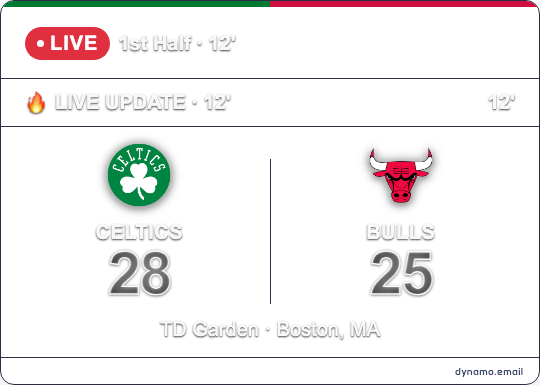 Transparent scoreboard card on dark email background — live Celtics vs Bulls score